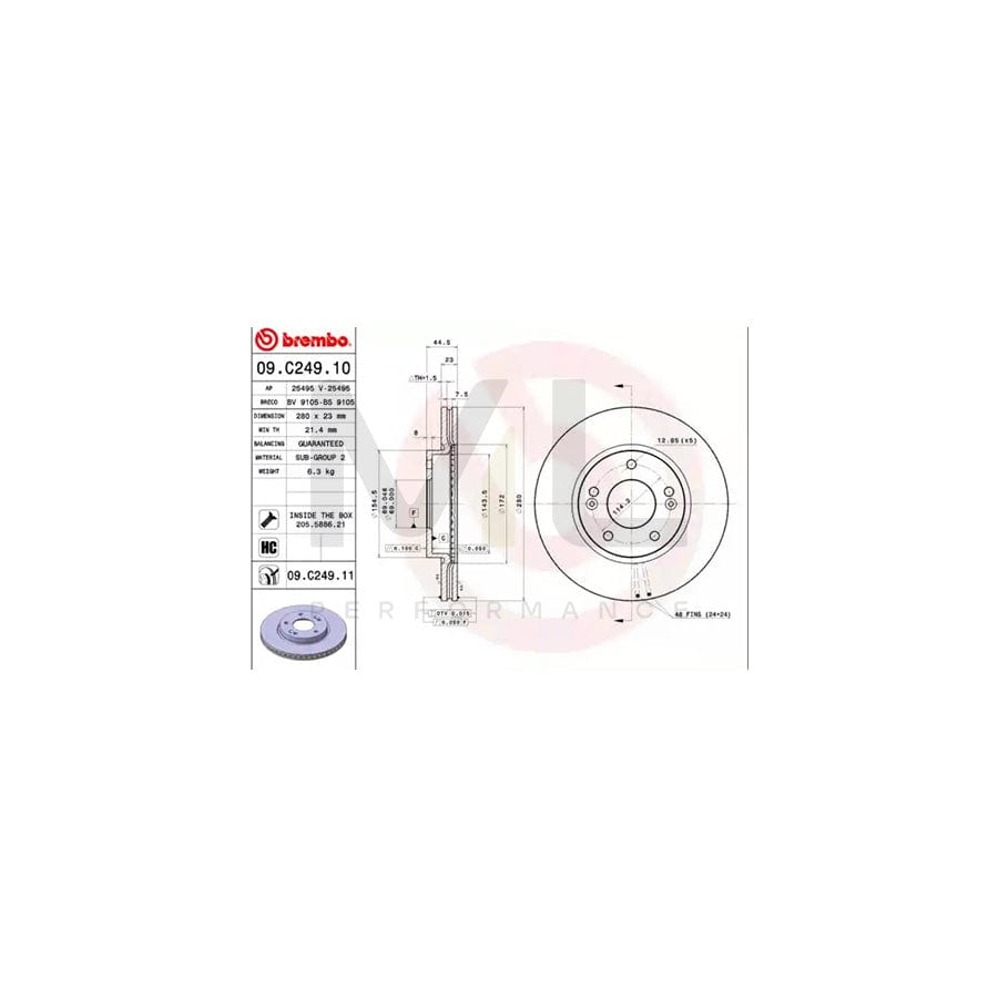 BREMBO COATED DISC LINE 09.C249.11 Brake Disc Internally Vented, Coated, High-carbon, with bolts/screws | ML Performance Car Parts