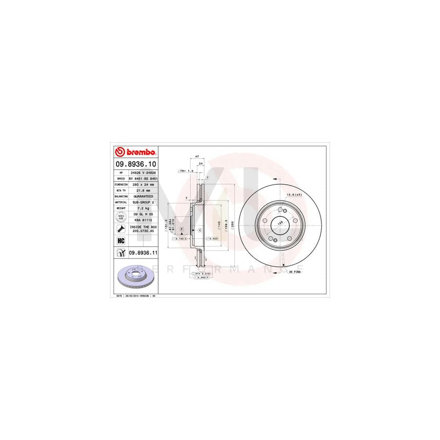 BREMBO 09.8936.10 Brake Disc for RENAULT LAGUNA Internally Vented, with bolts/screws | ML Performance Car Parts