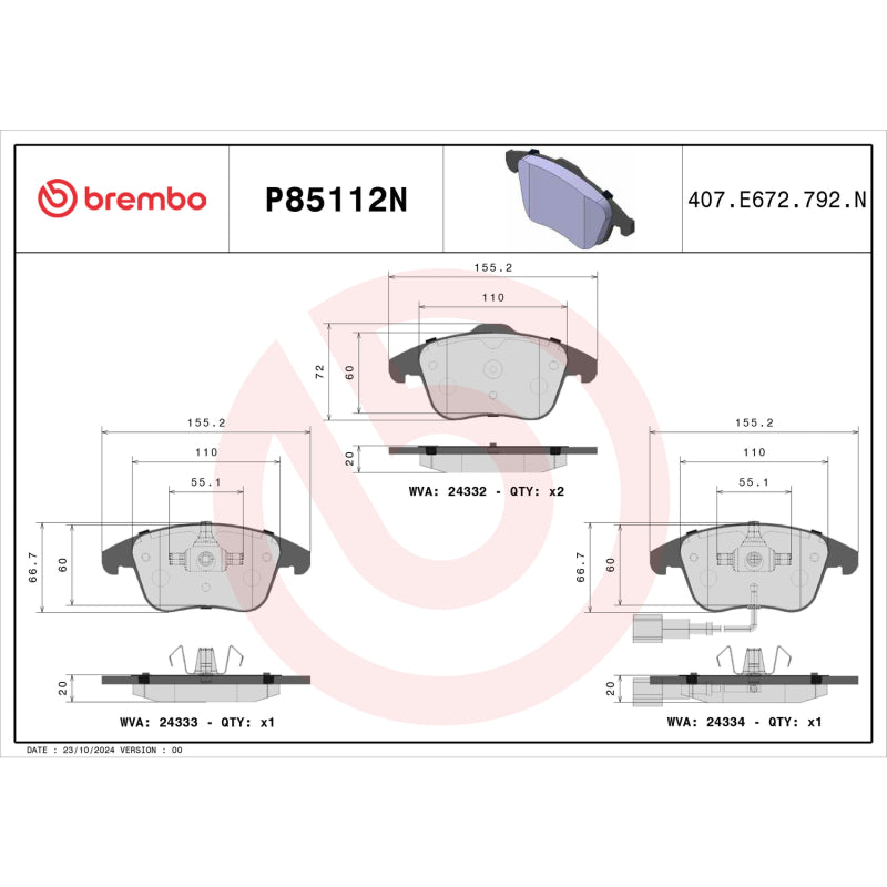 Brembo OE Brembo 2015 Volkswagen Tiguan/CC/Passat/ Audi Q3 Quattro Rear NAO Brake Pad