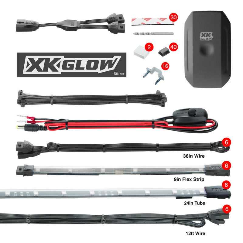 XKGLOW XK Glow New Style Strips XKchrome Car Kit w/ Dual-Mode Mount Controller 8x24In Tubes + 6x10In