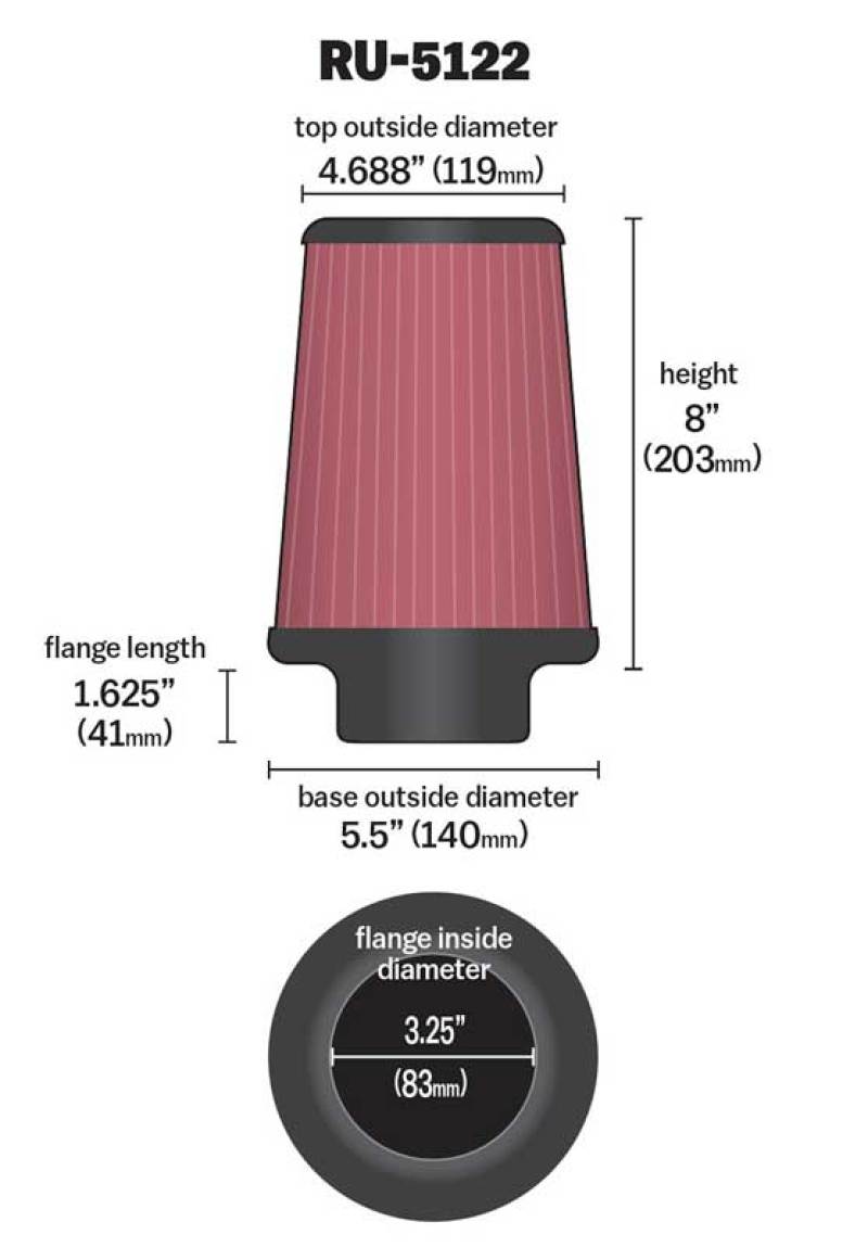 K&N Engineering K&N Filter Universal Rubber Filter 3.25  Flange 5.5 Base 4.6875 Top 8 Height