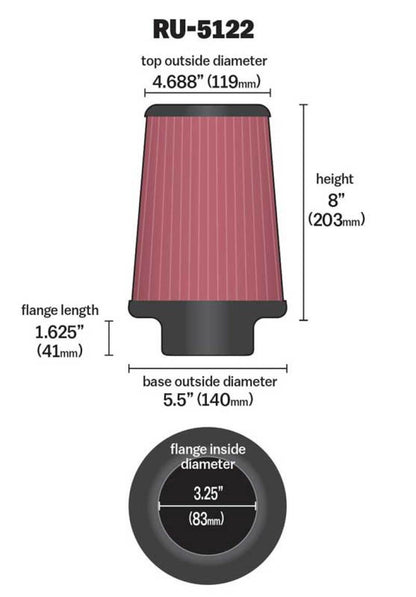K&N Engineering K&N Filter Universal Rubber Filter 3.25  Flange 5.5 Base 4.6875 Top 8 Height