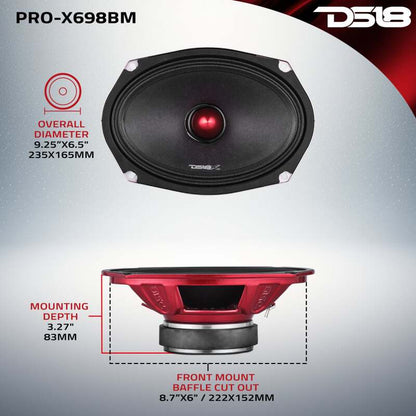 DS18 6x9in 275 Watts RMS 8 ohm Mid-Range Loudspeaker Bullet Loudspeaker Grill Included