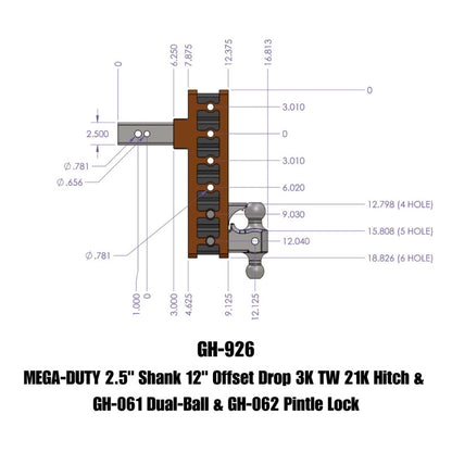 GEN-Y Hitch Gen-Y Mega Duty 2.5in Shank 12in Offset Drop 21K Hitch w/GH-061 Dual-Ball/GH-062 Pintle Lock