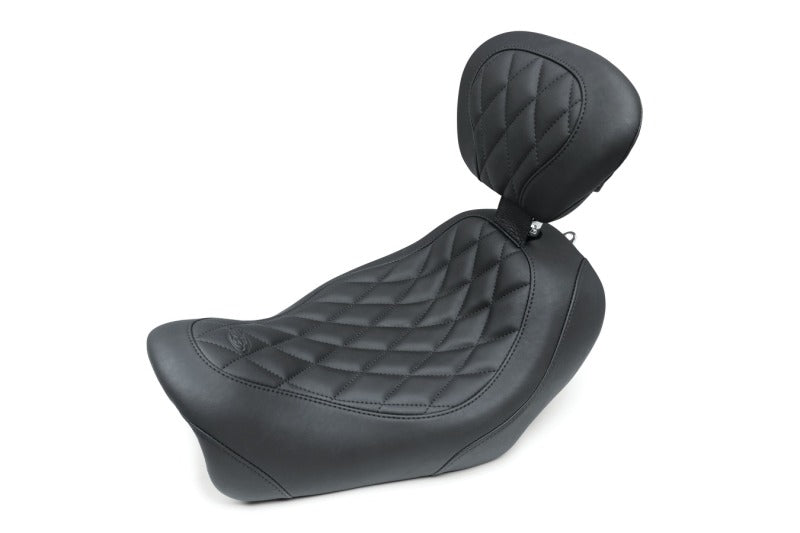 Mustang Motorcycle Mustang 14-17 Harley Fat Bob Wide Tripper Solo Seat w/Driver Backrest Diamond Stitch - Black
