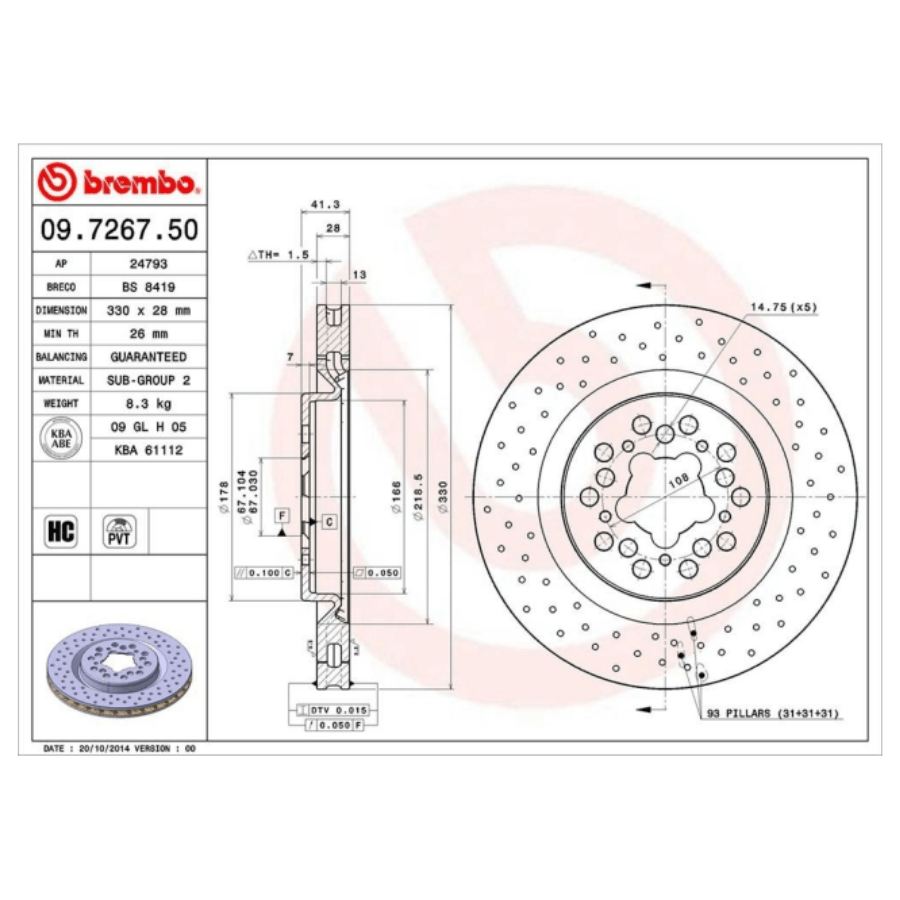 BREMBO 09.7267.50 Brake Disc for FERRARI 360 MODENA Perforated / Vented, High-carbon
