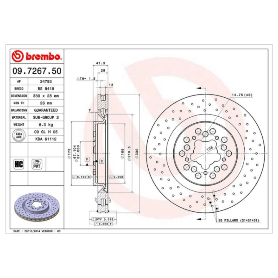 BREMBO 09.7267.50 Brake Disc for FERRARI 360 MODENA Perforated / Vented, High-carbon  - 1 piece