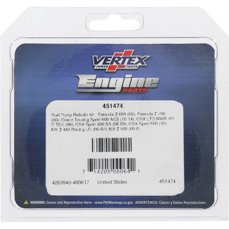 Vertex Pistons Vertex Gaskets 02-06 Arctic Cat ZR 440 Sno-Pro Fuel Pump Rebuild Kit