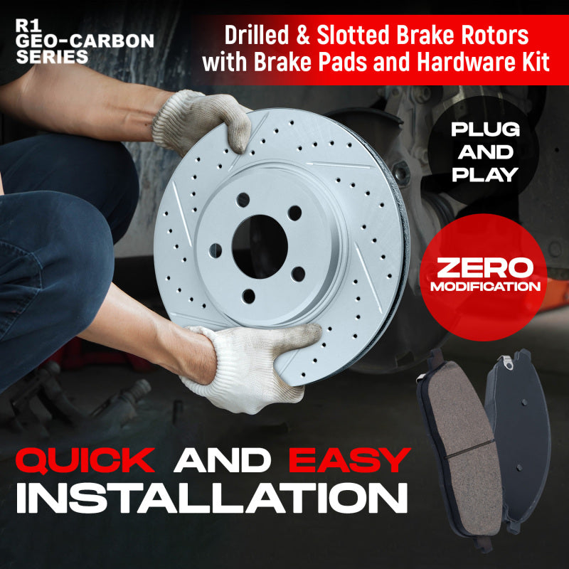R1 Concepts R1 12-16 Hyundai Elantra GT Front Drill/Slot Carbon Coated Rotor Set w/Optimum Pads