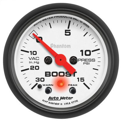 Autometer Phantom 52mm 30 in Hg-Vac/15PSI FS Electronic Vacuum/Boost w/ Peak Memory & Warning Gauge