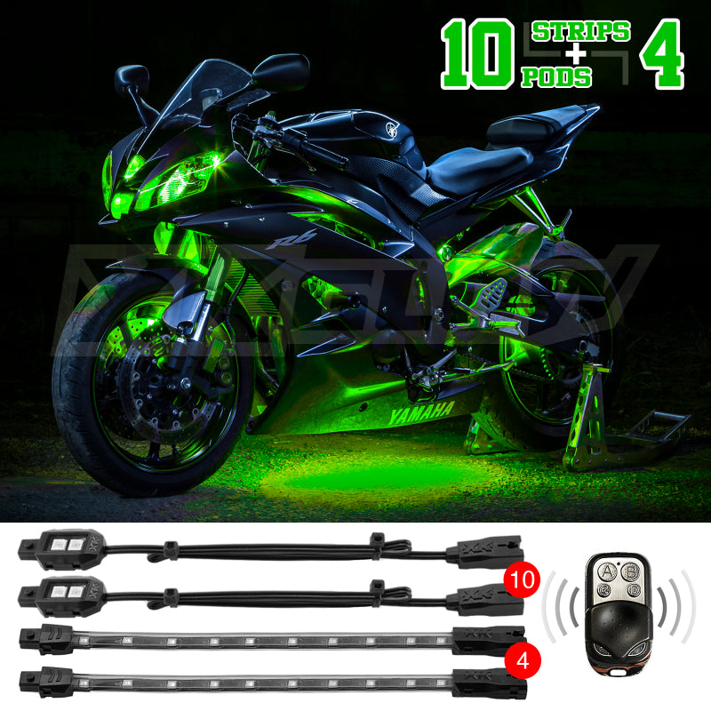 XKGLOW XK Glow Strips Single Color XKGLOW LED Accent Light Motorcycle Kit Green - 10xPod + 4x8In
