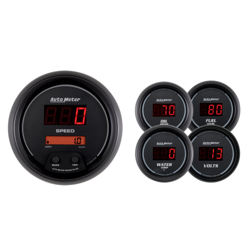 AutoMeter Gauge Kit 5 Pc. 3-3/8in. & 2-1/16in. Elec Speedo Digital Black Dial W/ Red Led