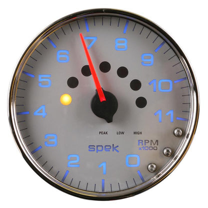 Autometer Spek-Pro Gauge Tachometer 5in 11K Rpm W/Shift Light & Peak Mem Silver/Chrome