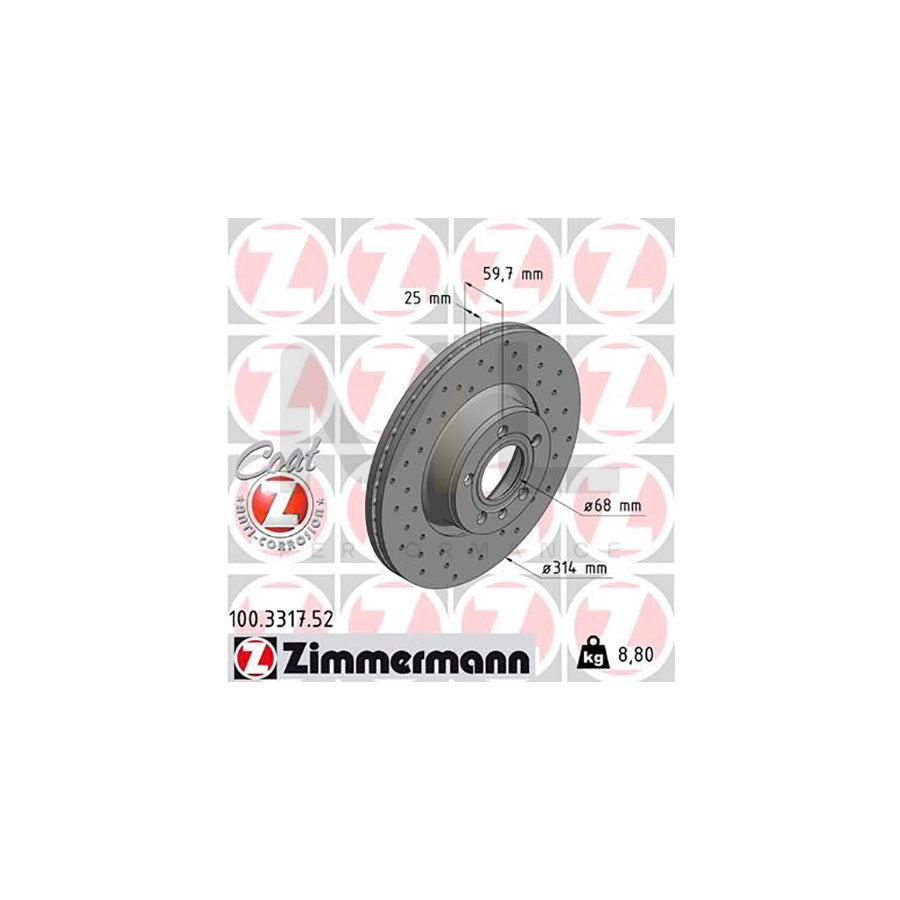 ZIMMERMANN SPORT COAT Z 100.3317.52 Brake Disc for AUDI A6 Externally Vented, Perforated, Coated, High-carbon  - 1 piece