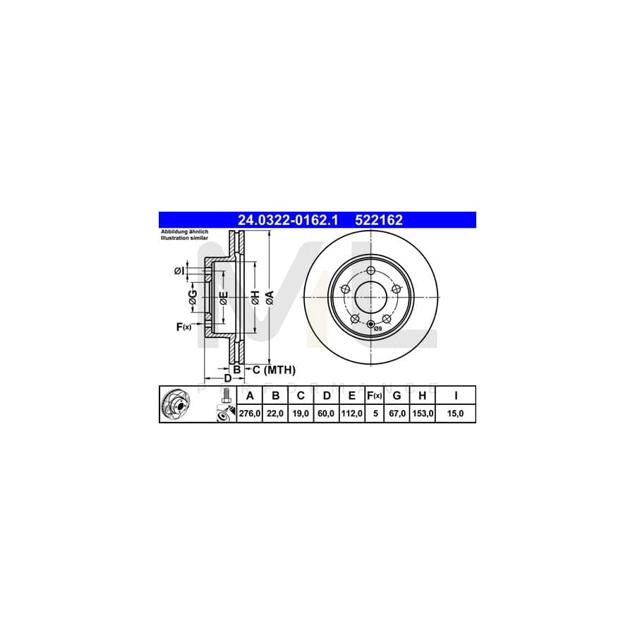 ATE PowerDisc 24.0322-0162.1 Brake Disc Vented, Coated, Alloyed / High-carbon, with bolts/screws  - 1 piece