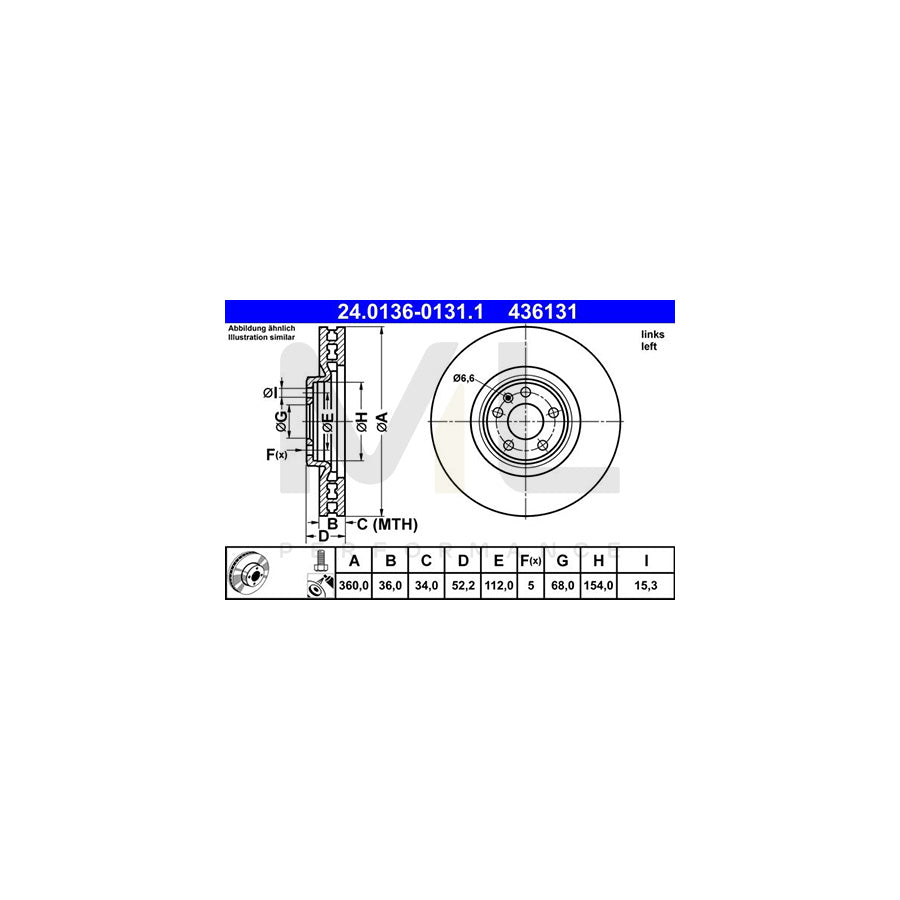 ATE 24.0136-0131.1 Brake Disc for PORSCHE Macan (95B) Vented, Coated, High-carbon, with bolts/screws