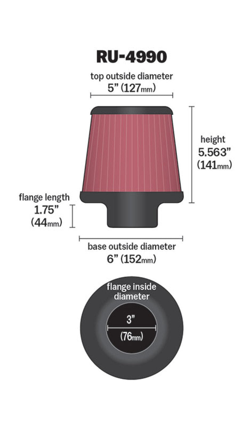 K&N Engineering K&N Filter Universal Rubber Filter-Rd Tapered 3in Flange ID x 6in Base OD x 5in Top OD x 5.563in H