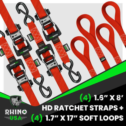 Rhino USA Heavy Duty Ratchet Tie-Down 4-Pack (Red) 1.6In X 8Ft