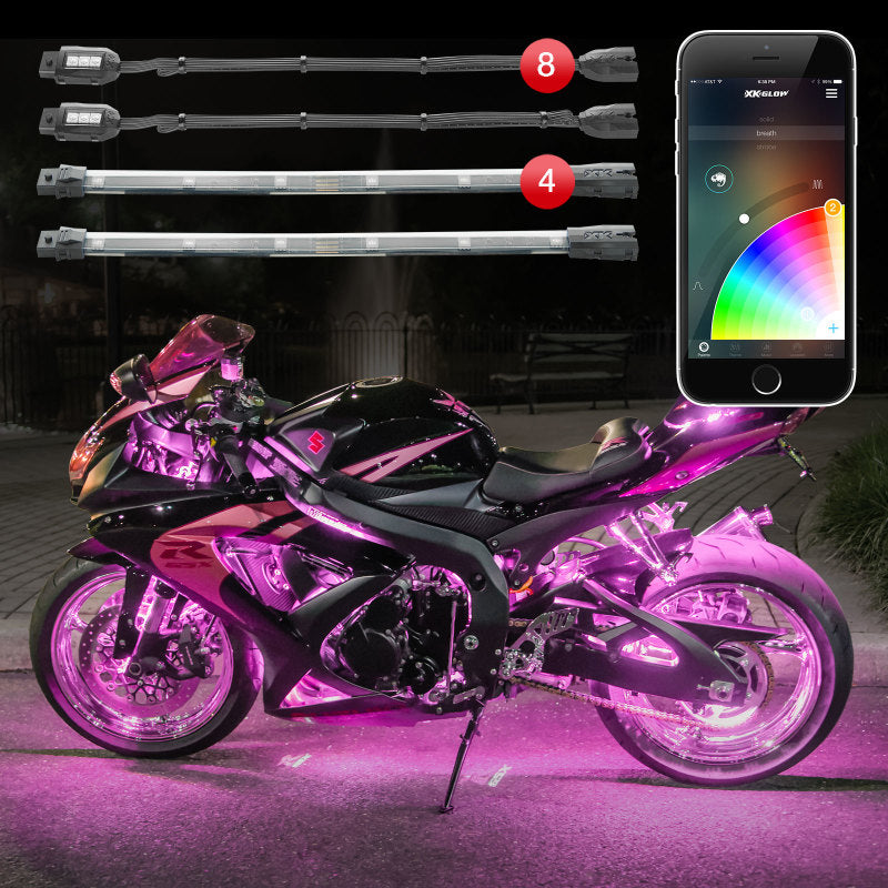 XKGLOW XK Glow Strip Million Color XKCHROME Smartphone App ATV/Motorcycle LED Light Kit 8xPod + 4x10In