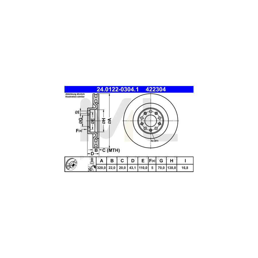 ATE 24.0122-0304.1 Brake Disc Vented, Coated, with bolts/screws  - 1 piece