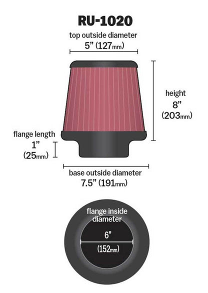 K&N Engineering K&N Universal Tapered Filter 6in Flange ID x 7.5in Base OD x 5in Top OD x 8in Height