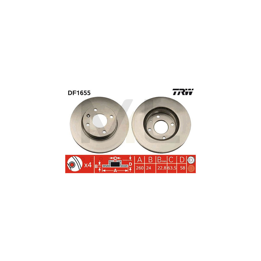 TRW DF1655 Brake Disc Vented, High-carbon, with bolts/screws  - 1 piece