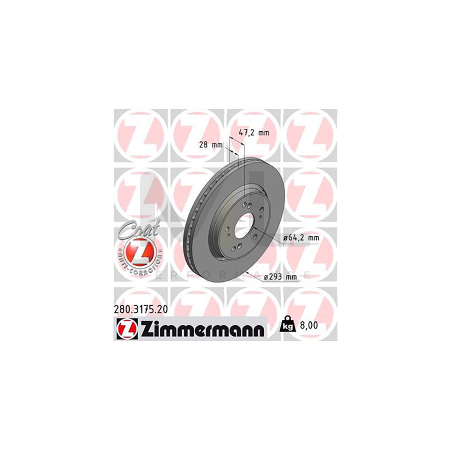 ZIMMERMANN COAT Z 280.3175.20 Brake Disc for HONDA CR-V Externally Vented, Coated  - 1 piece