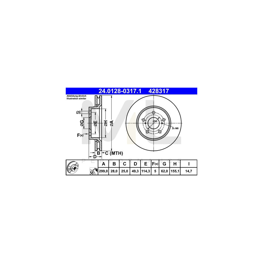 ATE 24.0128-0317.1 Brake Disc Vented, Coated  - 1 piece