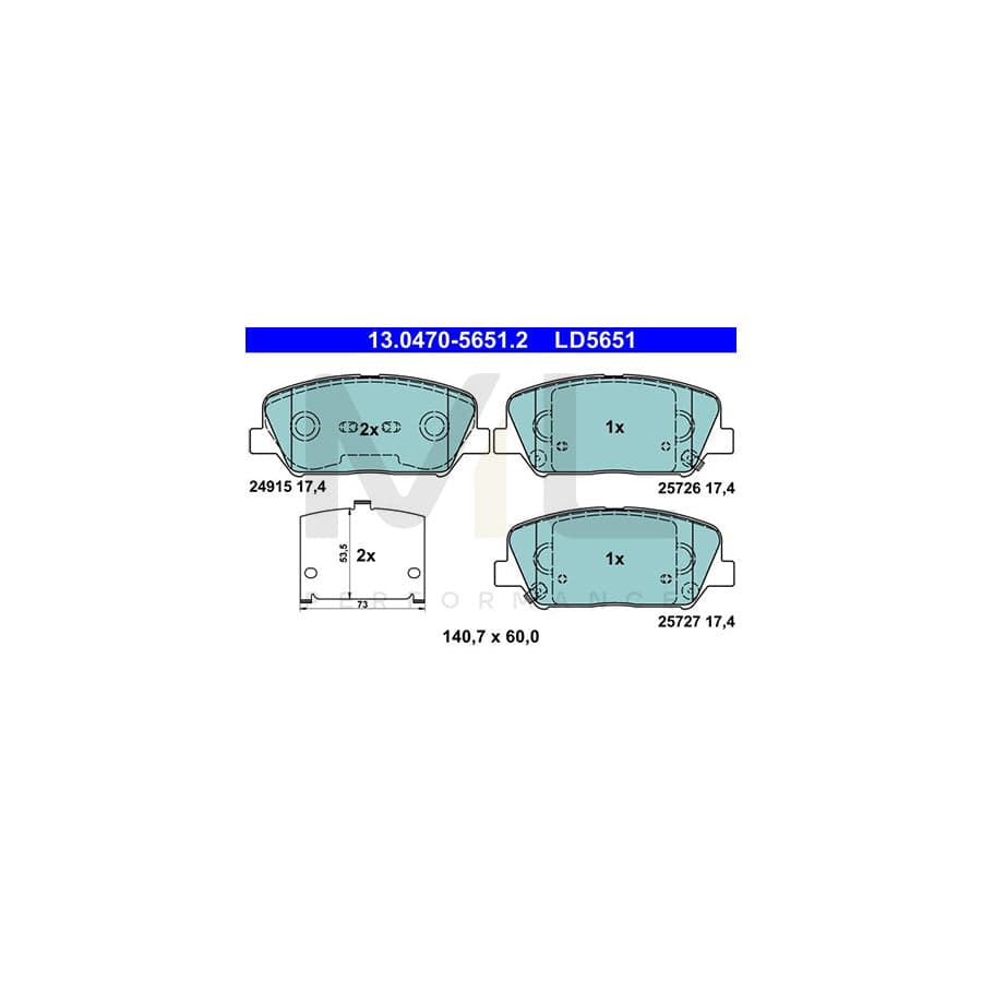 ATE Ceramic 13.0470-5651.2 Brake pad set with acoustic wear warning, with anti-squeak plate