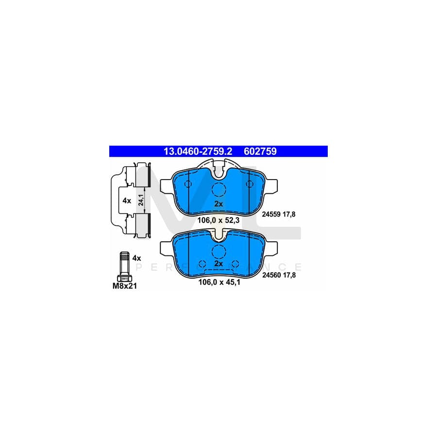 ATE 13.0460-2759.2 Brake pad set for BMW Z4 Roadster (E89) excl. wear warning contact, prepared for wear indicator, with brake caliper screws, with accessories