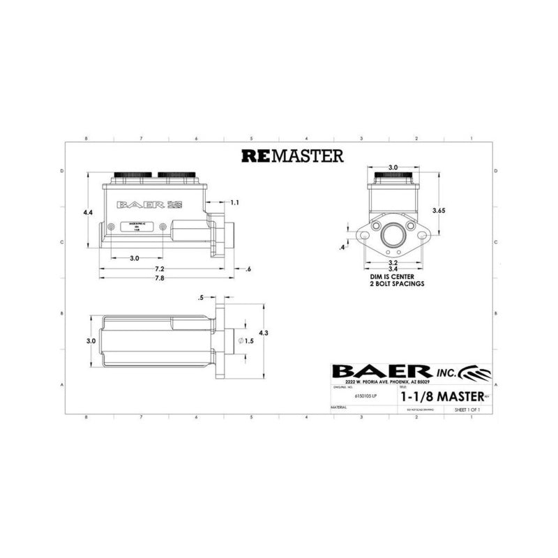 Baer Brakes GM/Ford 1-1/8in Bore Remaster 2-Bolt Right Port Master Cylinder Assembly - Gray