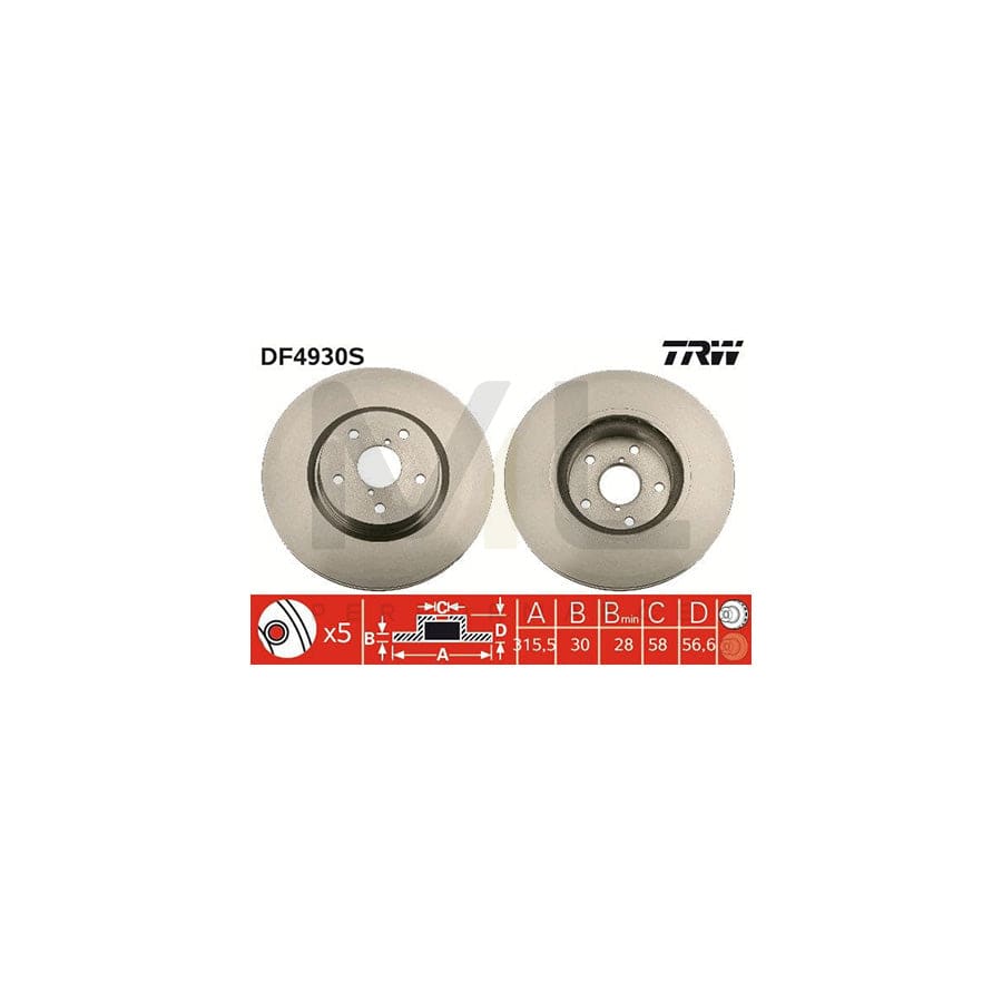 TRW DF4930S Brake Disc Vented, Painted, High-carbon  - 1 piece