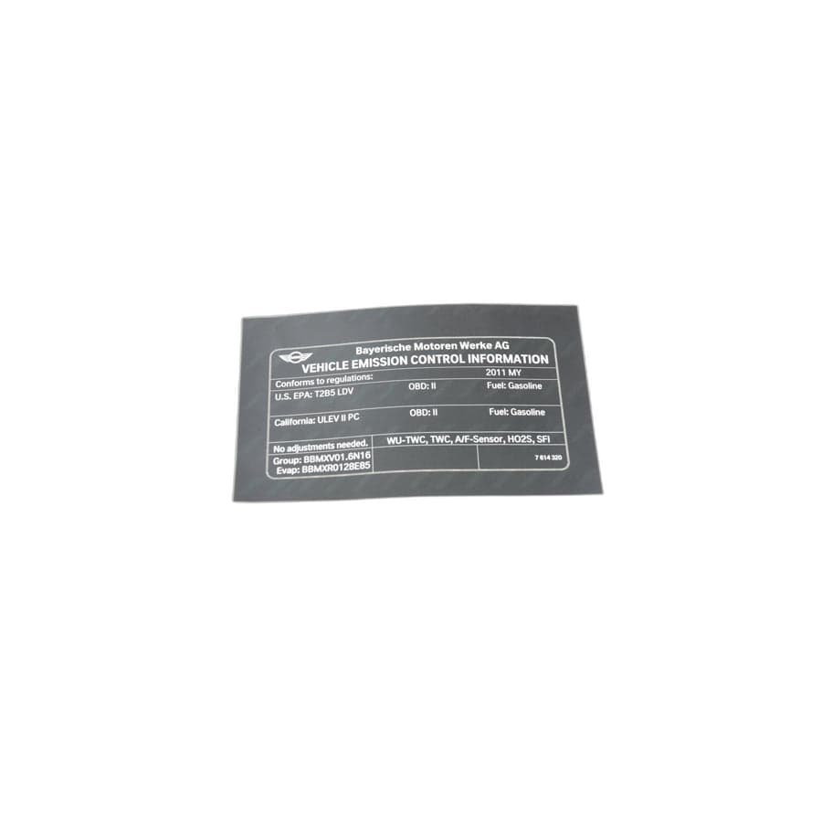 Genuine BMW Mini 71227614320 R56 Label "Exhaust Emission" MY11 (Inc. Cooper)