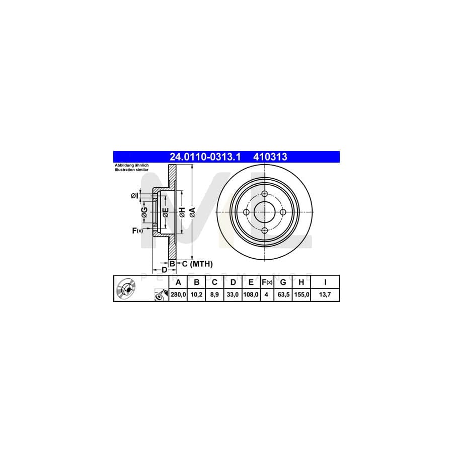ATE 24.0110-0313.1 Brake Disc for FORD FOCUS Solid, Coated  - 1 piece