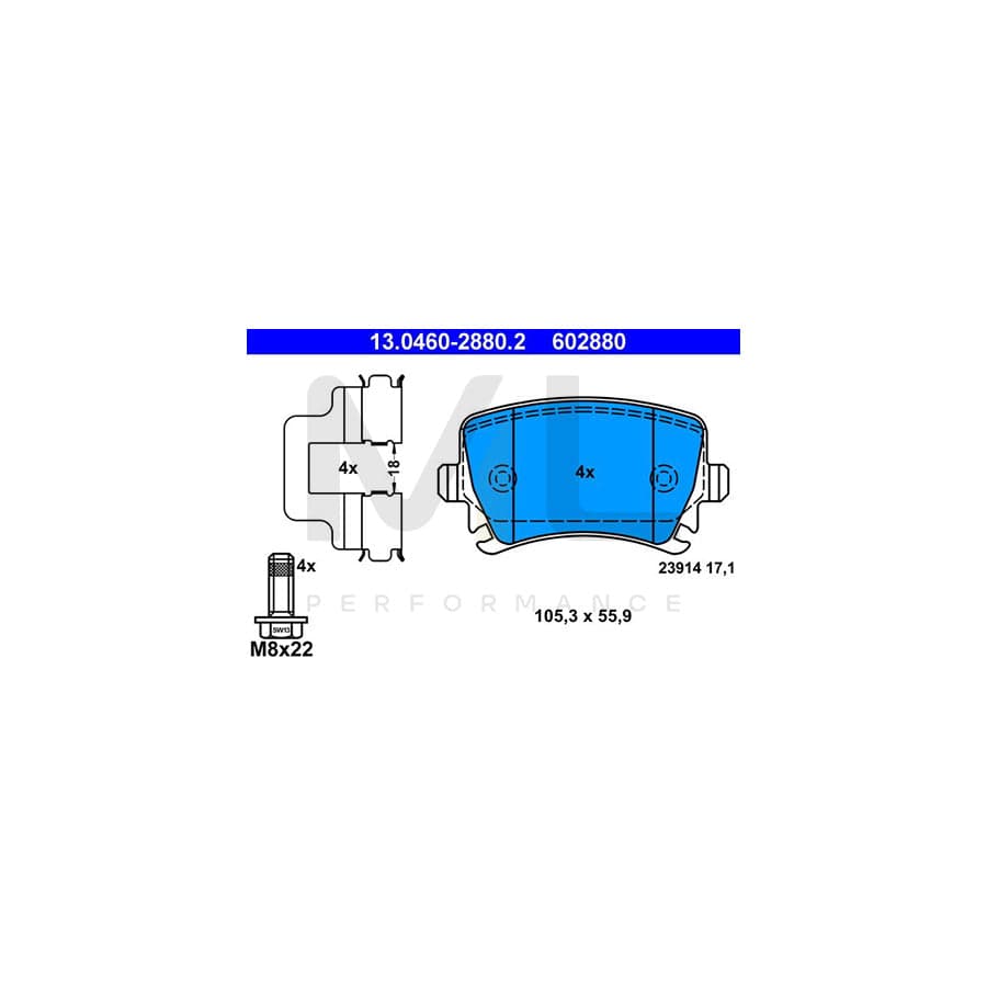 ATE 13.0460-2880.2 Brake pad set excl. wear warning contact, prepared for wear indicator, with brake caliper screws, with accessories