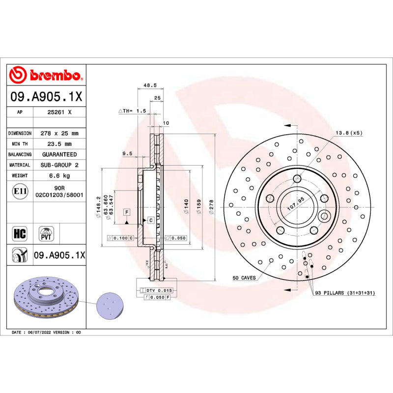 Brembo OE 13-18 Ford C-Max/12-18 Focus/12-13 Volvo C30/C70 Drilled Xtra Brake Disc - Front