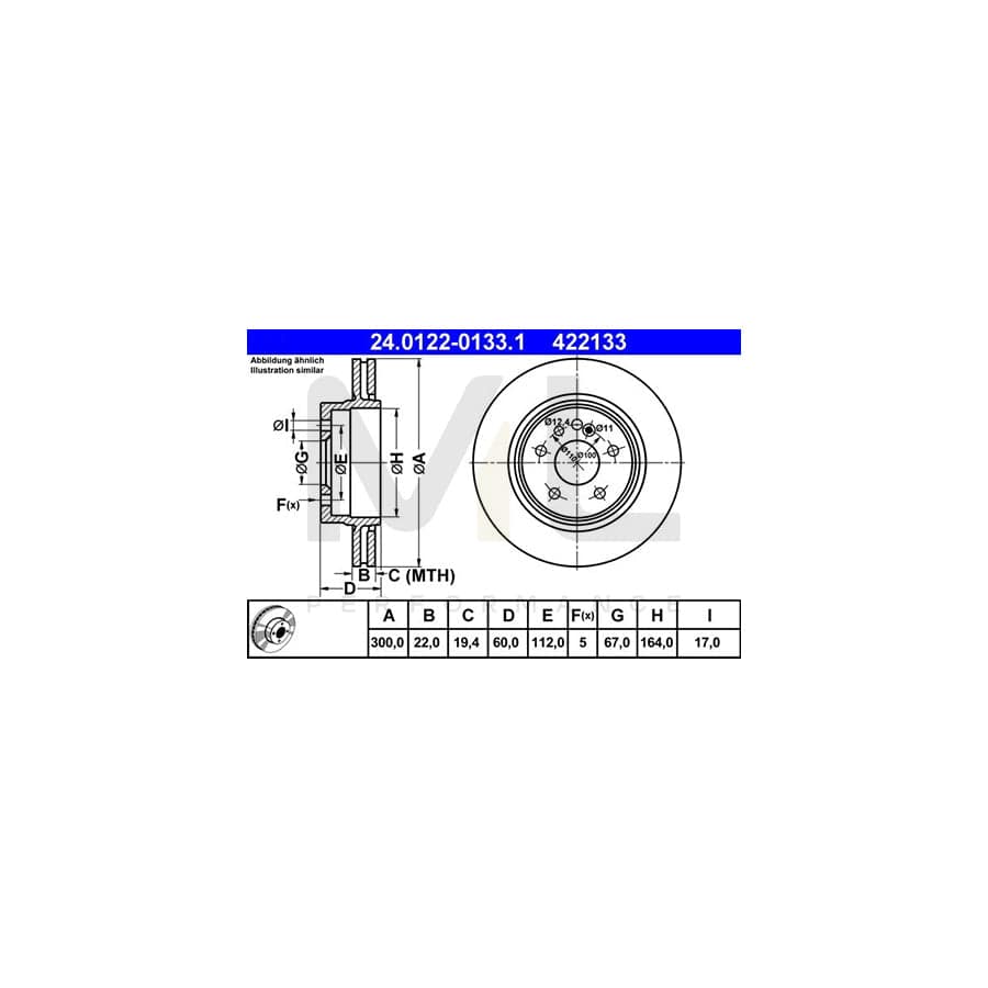 ATE 24.0122-0133.1 Brake Disc suitable for MERCEDES-BENZ S-Class Vented, High-carbon  - 1 piece