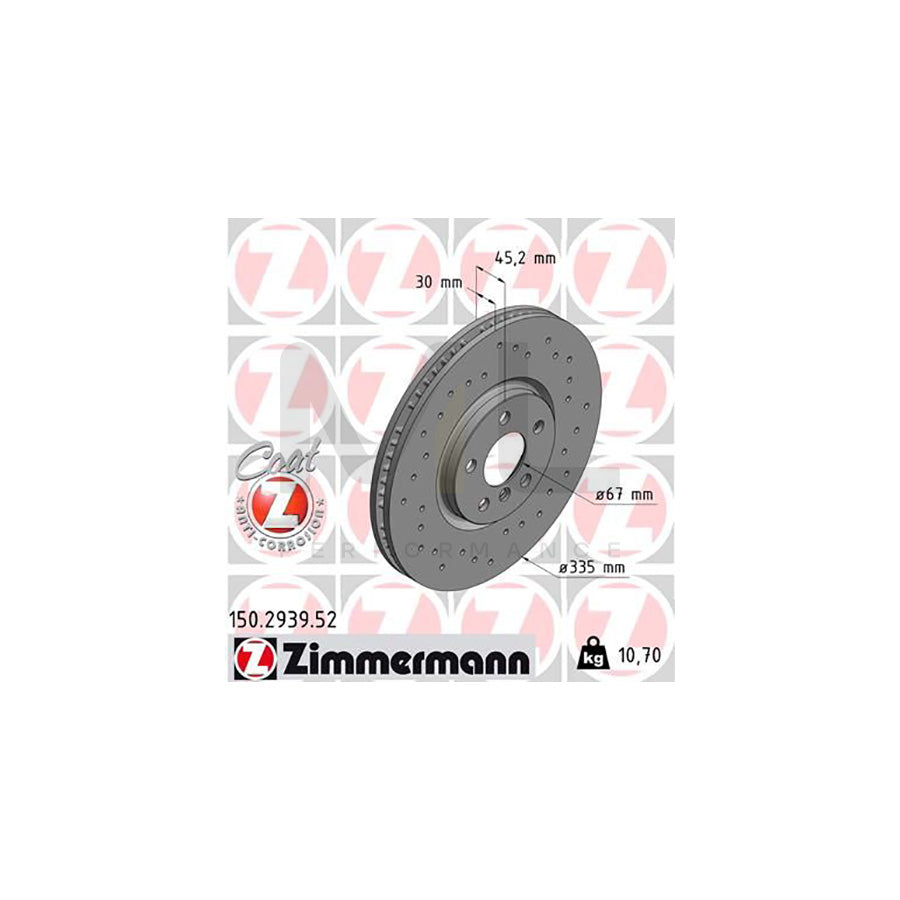 ZIMMERMANN SPORT COAT Z 150.2939.52 Brake Disc Internally Vented, Perforated, Coated, High-carbon  - 1 piece