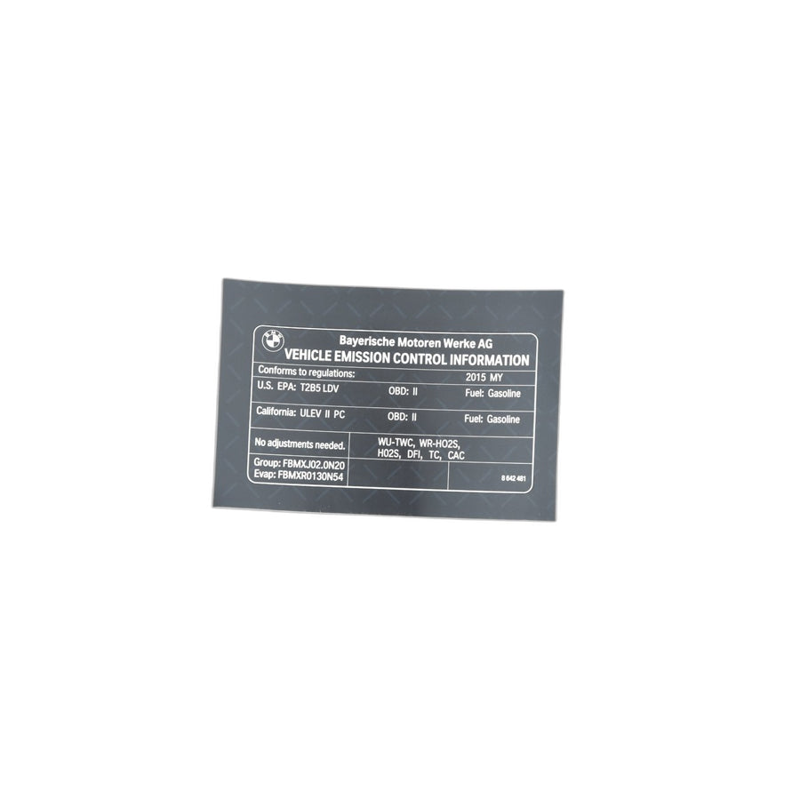 Genuine BMW 71228642481 F32 F31 F23 Label "Exhaust Emission" MY15 (Inc. 428iX)