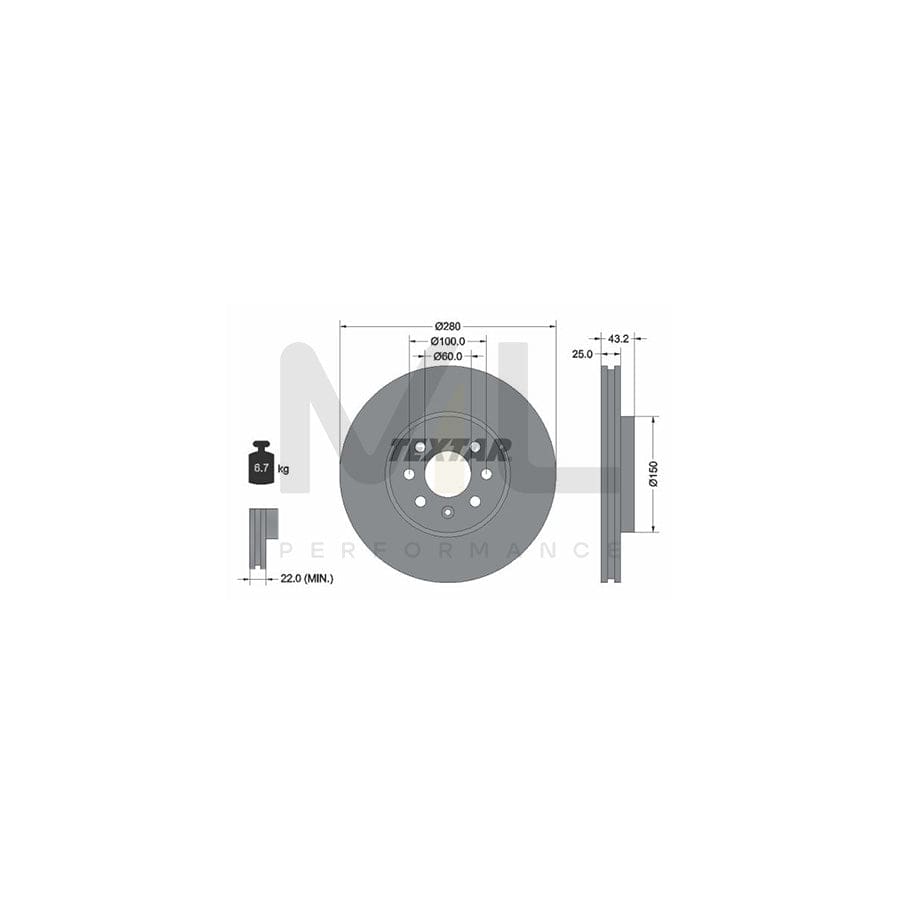 TEXTAR PRO 92129303 Brake Disc Internally Vented, Coated, without wheel hub, without wheel studs  - 1 piece