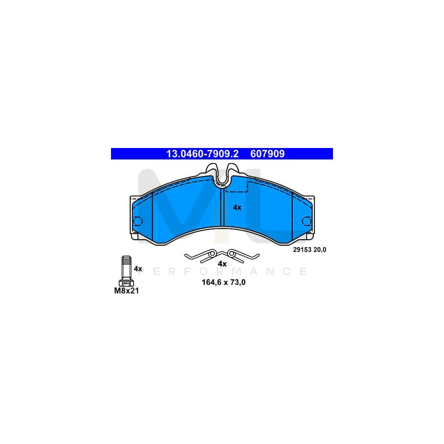 ATE 13.0460-7909.2 Brake pad set excl. wear warning contact, prepared for wear indicator, with brake caliper screws, with accessories