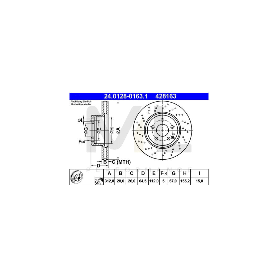 ATE 24.0128-0163.1 Brake Disc suitable for MERCEDES-BENZ SL Convertible (R230) Perforated / Vented, Coated, Alloyed / High-carbon  - 1 piece