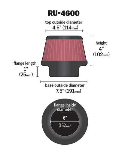 K&N Engineering K&N Filter 6 inch Flange 7.5 inch Base 4.5 Top 4 inch Height