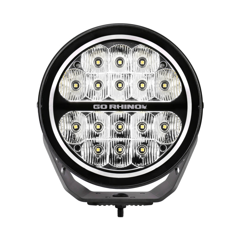 Go Rhino Xplor Blackout Series Round LED Driving Light w/DRL (Surface/Threaded Stud Mnt) 7in. - Blk