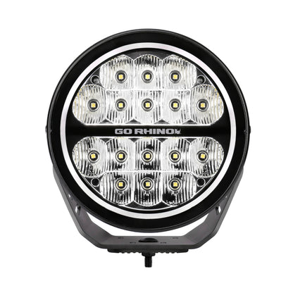Go Rhino Xplor Blackout Series Round LED Driving Light w/DRL (Surface/Threaded Stud Mnt) 7in. - Blk