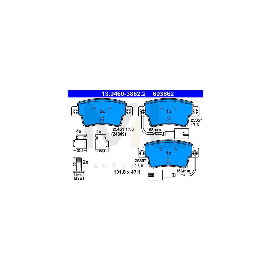 ATE 13.0460-3862.2 Brake pad set incl. wear warning contact, with brake caliper screws, with accessories