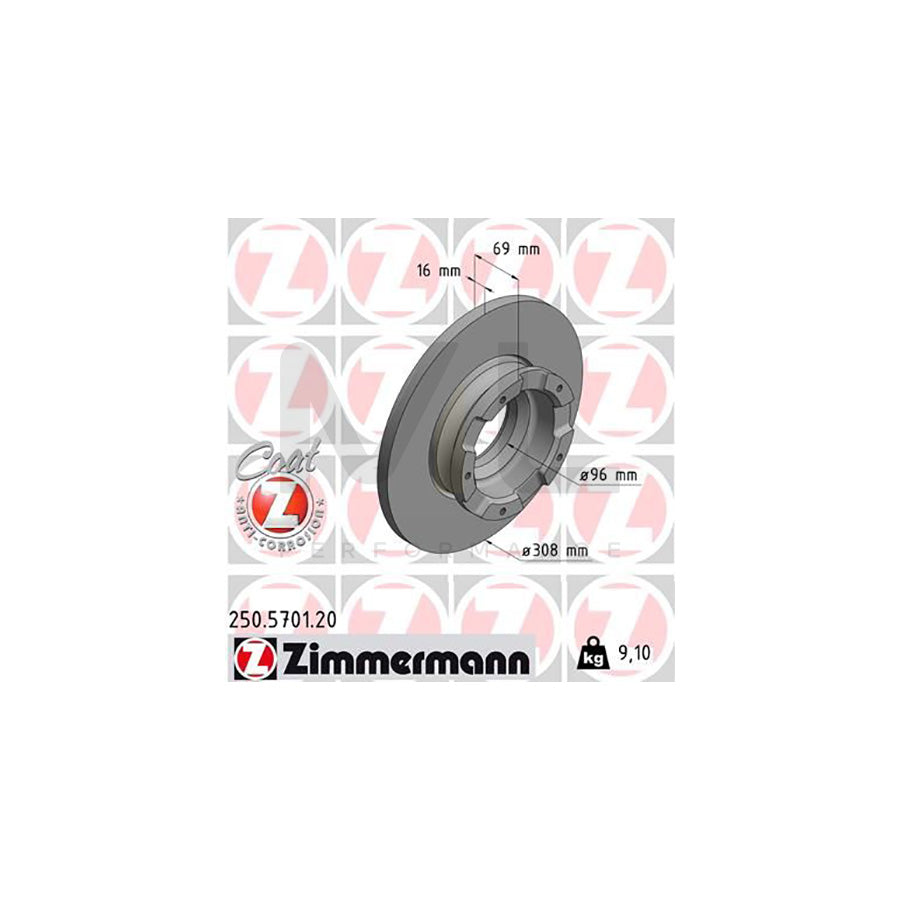 ZIMMERMANN 250.5701.20 Brake Disc for FORD TRANSIT Solid, Coated, with ABS sensor ring, without wheel hub, without wheel studs  - 1 piece