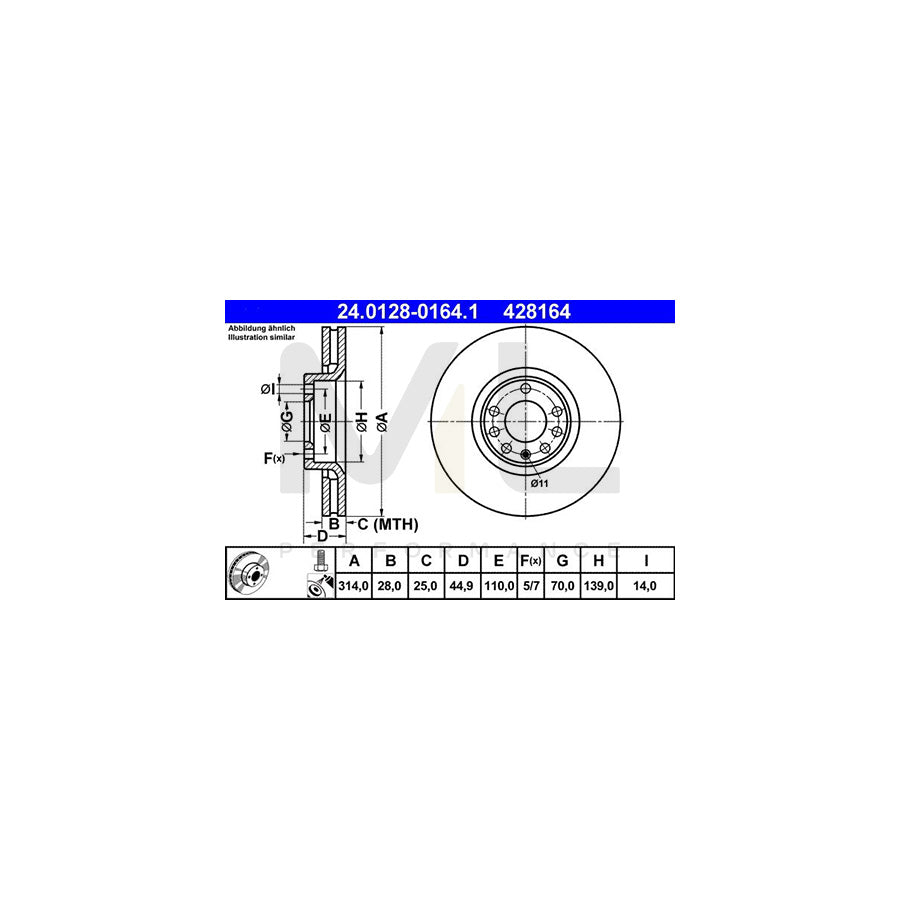 ATE 24.0128-0164.1 Brake Disc Vented, Coated, High-carbon, with bolts/screws  - 1 piece