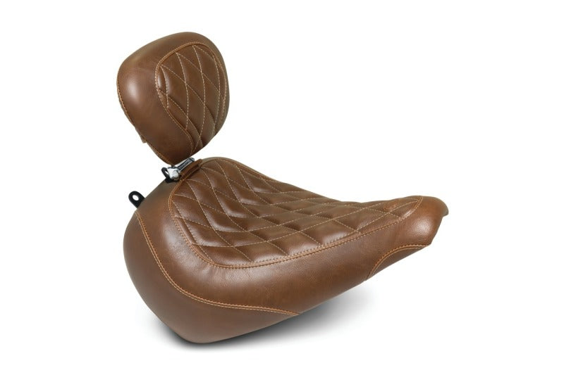 Mustang Motorcycle Mustang 18-21 Harley Fat Boy Wide Tripper Solo Seat w/Driver Backrest Diamond Stitch - Brown