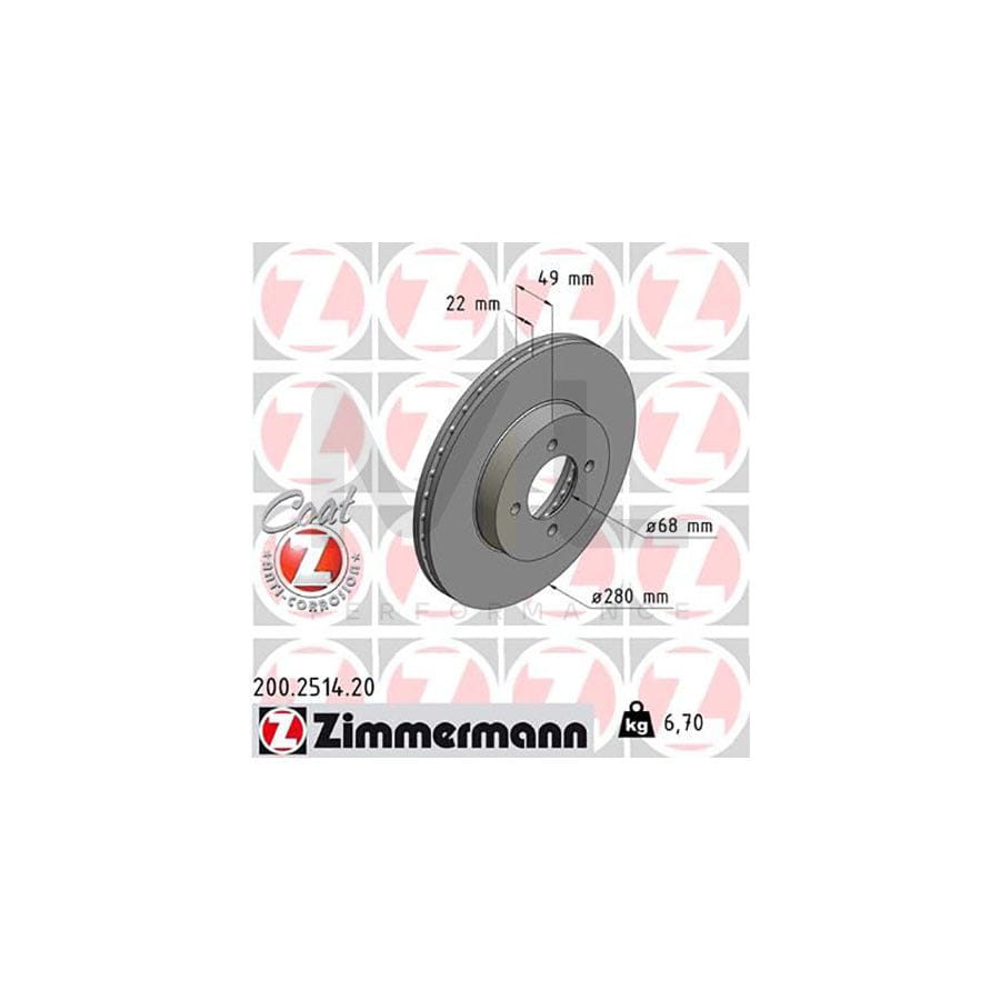 ZIMMERMANN COAT Z 200.2514.20 Brake Disc Internally Vented, Coated  - 1 piece